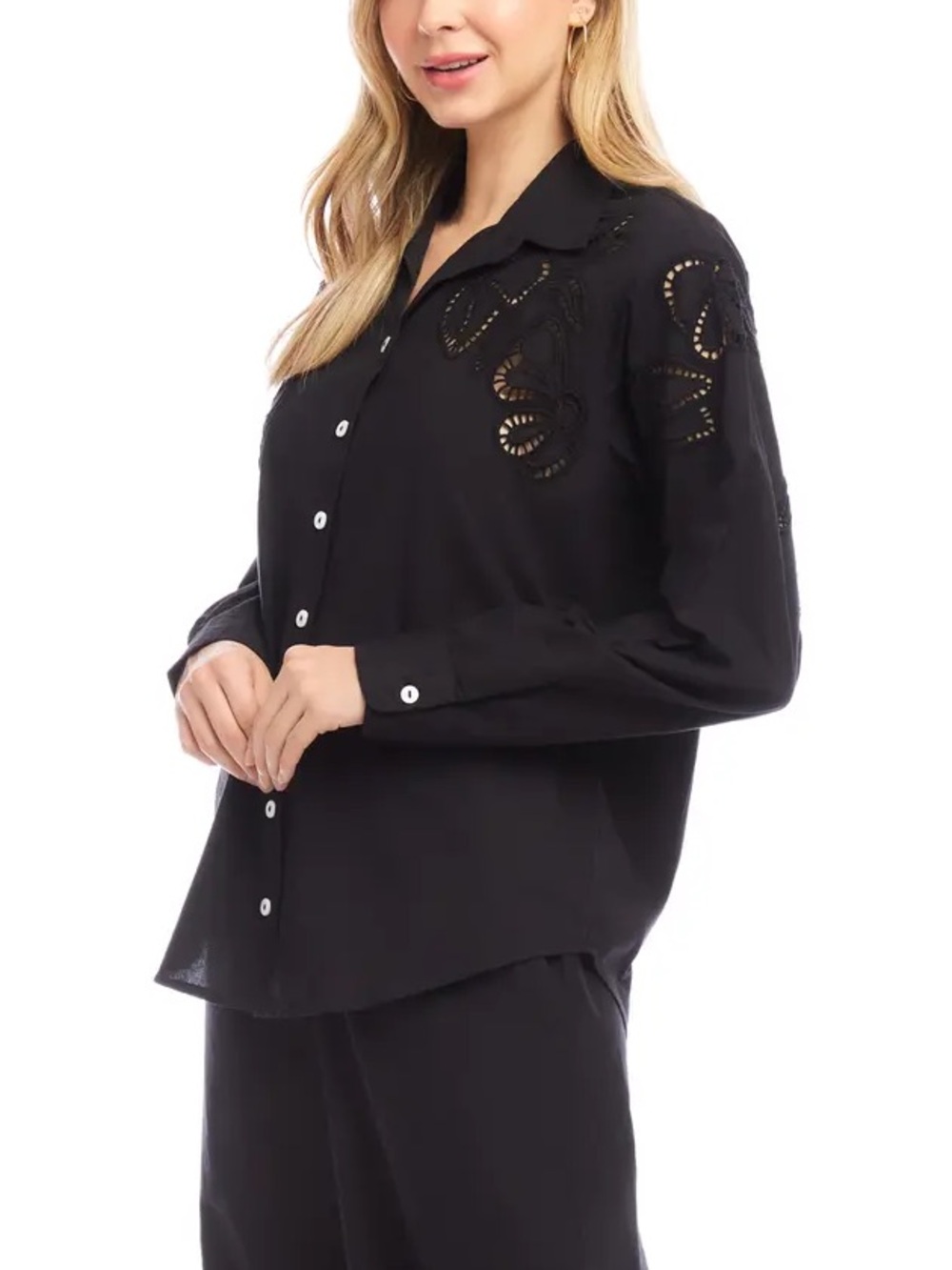 NWT Karen Kane Black Floral Embroidered Eyelet Cotton Shirt Size XS